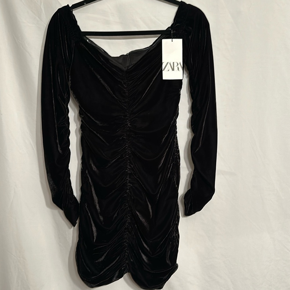 Ladies size M Zara black velvet bodycon ruched nino dress